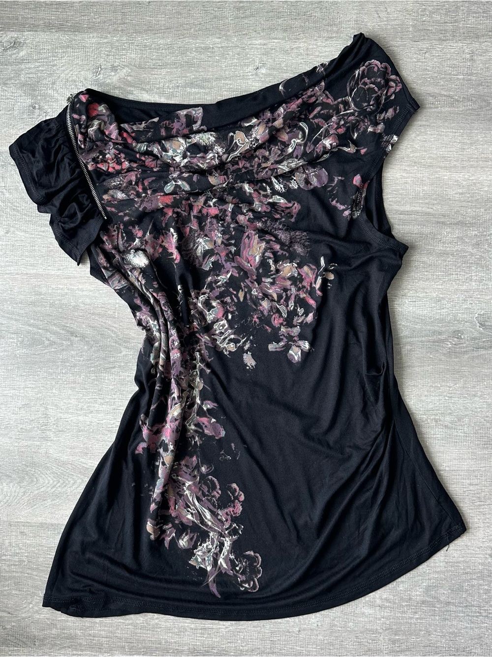 Reitman Black Floral-Print Women's Top/mini dress- Elegant Asymmetrical Style